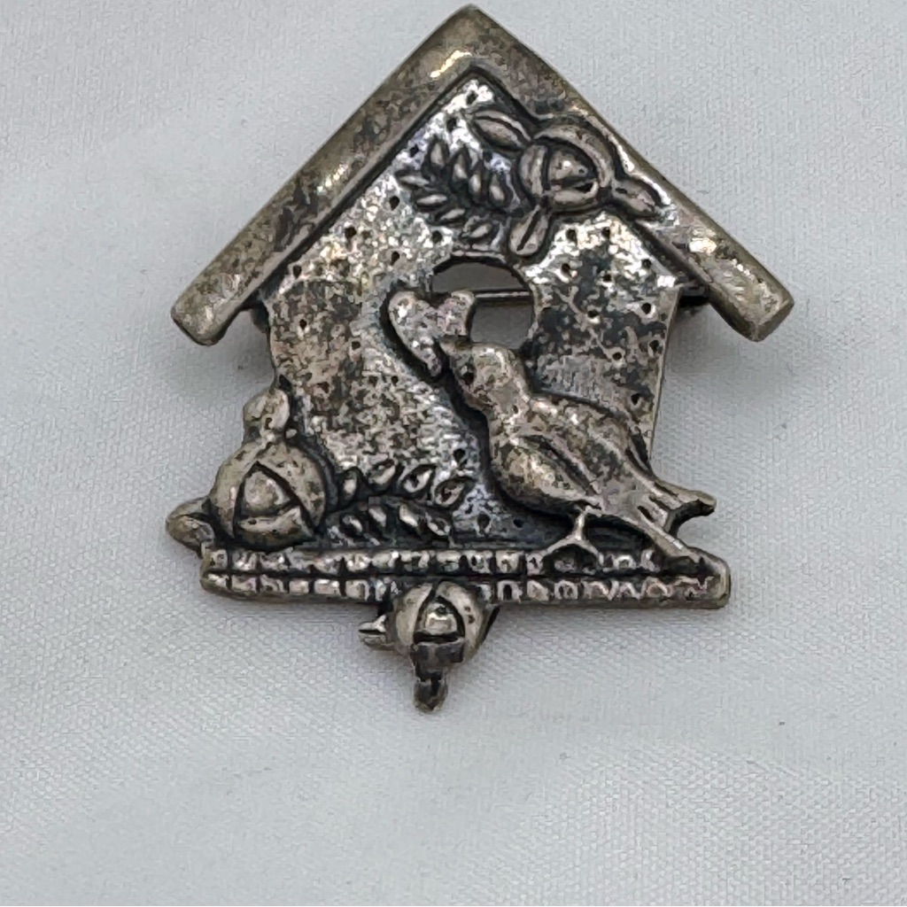 Mary Engelbreit Vintage Patina 925 Silver Birdhouse Pin Brooch Signed 5.8 Grams